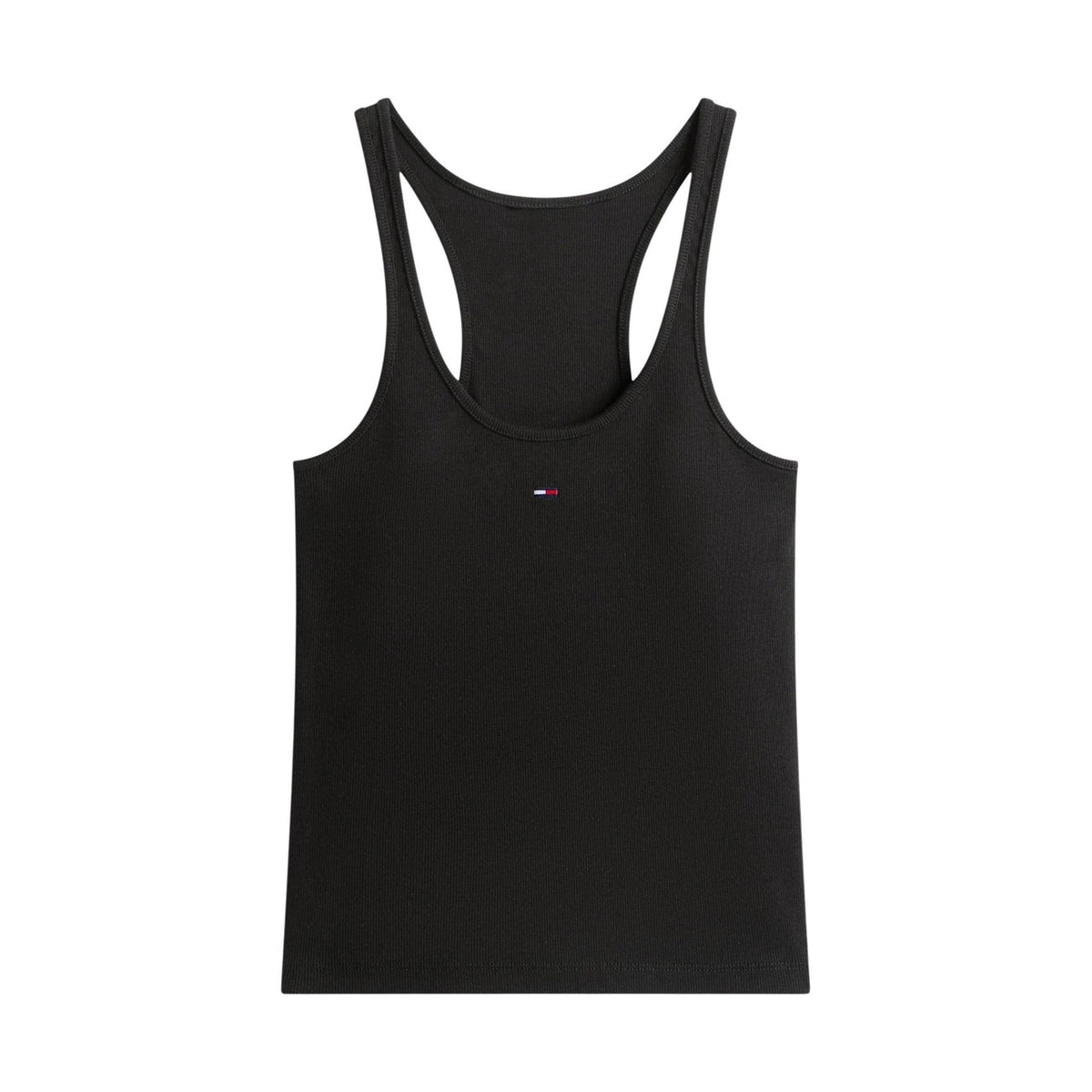 Canotta Tommy Hilfiger Jeans; Nero, Cotone Stretch a coste. Schiena incrociata, slim fit, logo ricamato. Traspirante e modellante, ideale per la stagione Primavera/Estate. Vista stesa