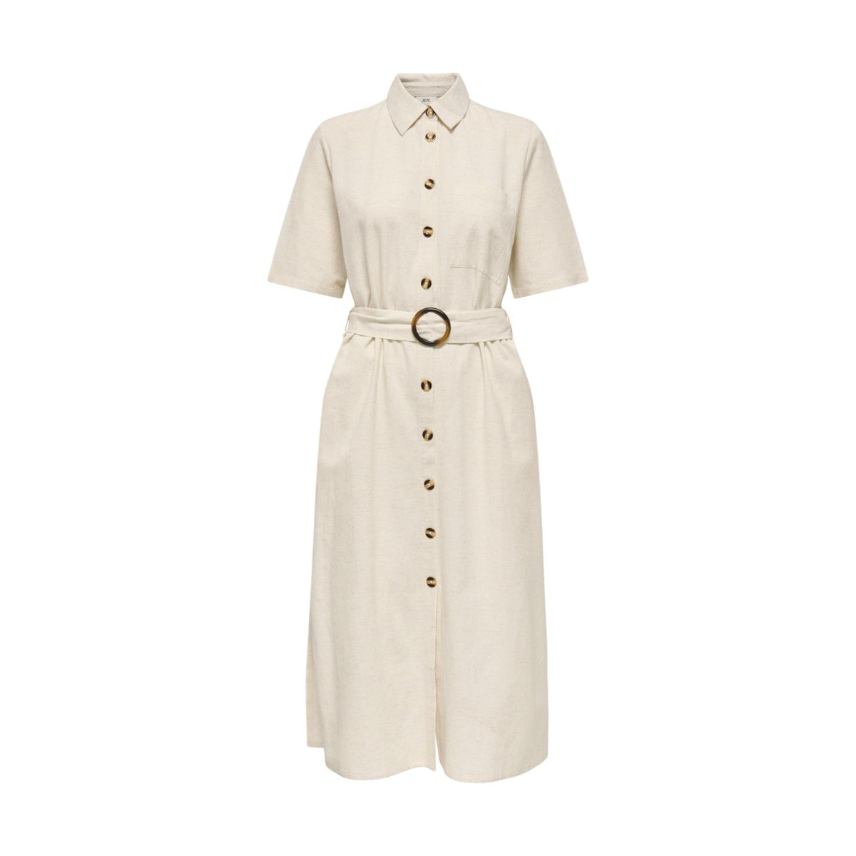 Vestito midi JDY Jdymilan; 45% cotone, 35% viscosa, 20% lino. Bottoni tartarugati, cintura con fibbia, maniche corte. Abito chemisier fresco, traspirante e raffinato. Colore panna vista frontale stesa