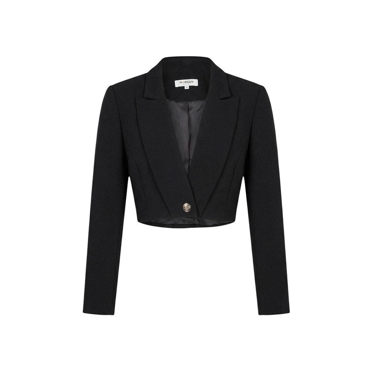 Morgan De Toi VESPA.F Blazer; linea cropped, bottone dorato, 40% poliestere riciclato. Il blazer chic e sostenibile per una silhouette definita. Colore nero. Vista frontale Stesa