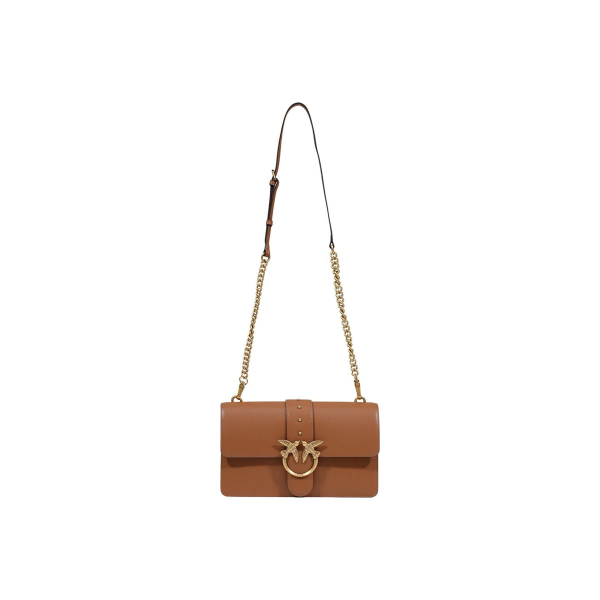 borsa a tracolla Pinko Love Bag One Classic in pelle liscia color cuoio con fibbia Love Birds dorata Vista frontale con tracolla