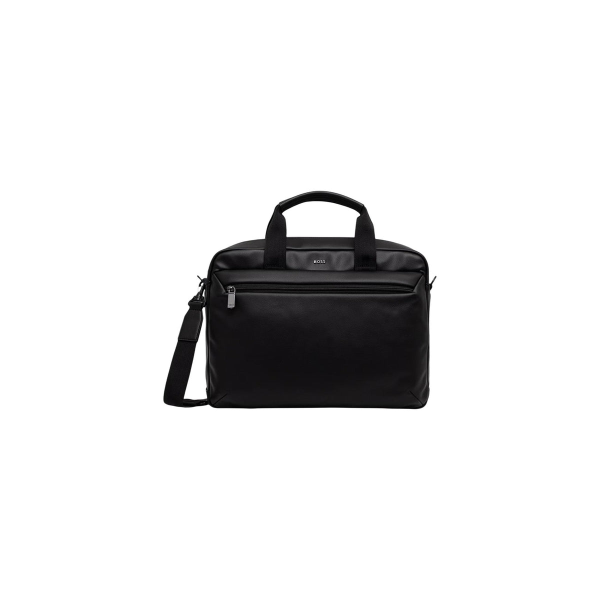 Borsa BOSS uomo nera porta PC e documenti modello Jace Doc Case 50567865. Ventiquattrore sottile per laptop in poliestere riciclato e poliuretano con tracolla e zip stile business, elegante e formale da lavoro.