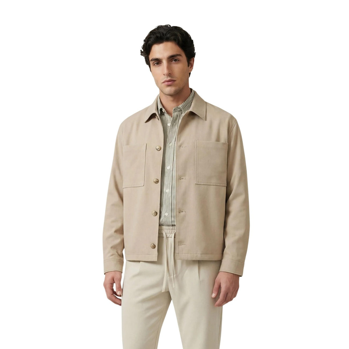 Camicia maniche lunghe Overshirt beige Only & Sons Onswill in poliestere riciclato e viscosa, modello loose fit con tasche applicate e chiusura frontale.