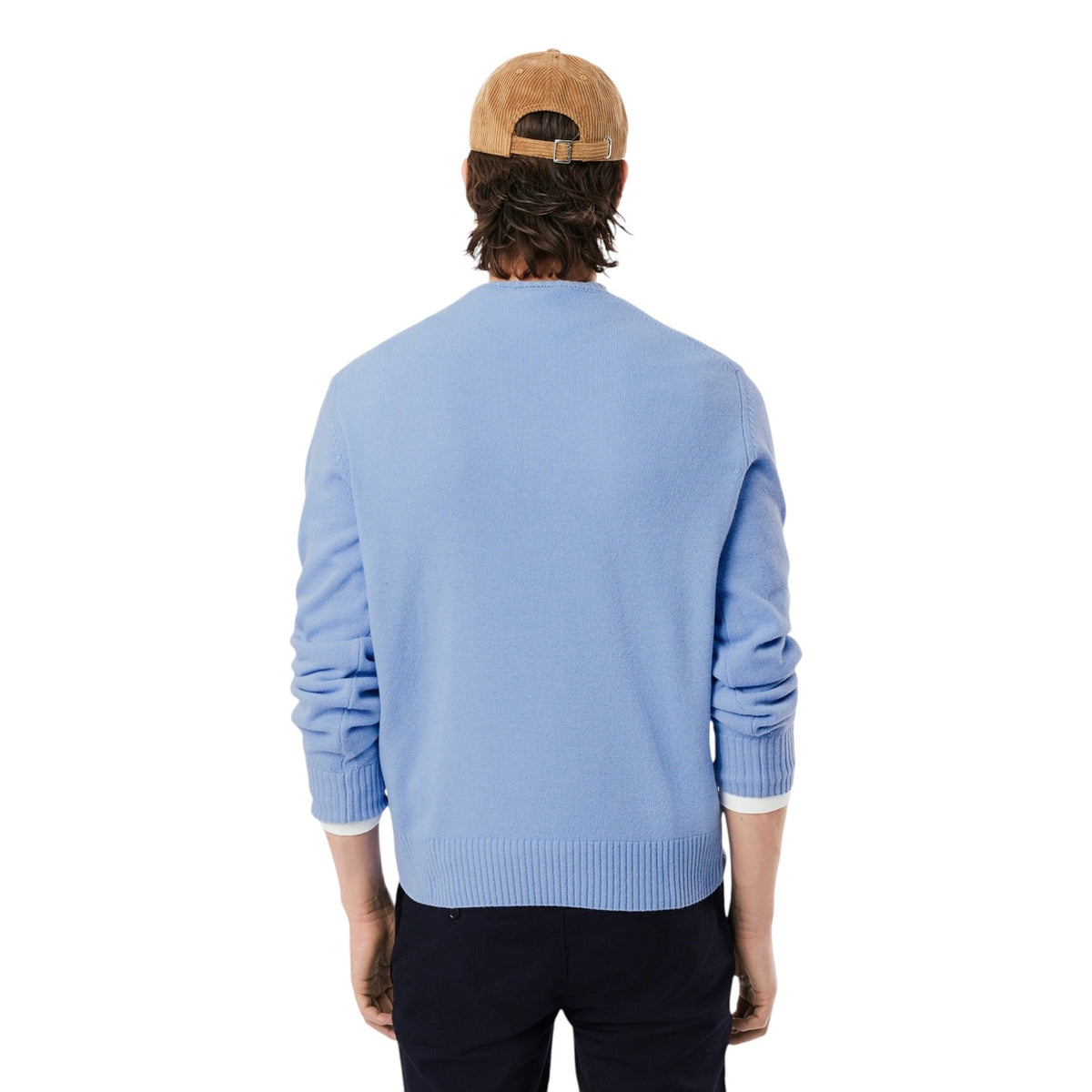 Maglione Lacoste girocollo in lana cardata uomo azzurro maniche lunghe scollo tondo 100% lana - vista posteriore retro indossato da modello