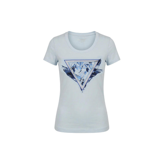 Guess T-shirt Logo Piume; cotone elasticizzato, scollo tondo, design iconico. La maglietta versatile con il tocco distintivo Guess. Colore azzurro. Vista frontale Stesa