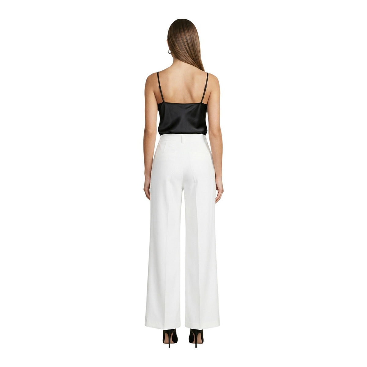 Pantaloni I AM Wide Leg; 88% Poliestere, 12% Elastan. Bianco Ottico, piega centrale, Regular Fit. Pantaloni donna eleganti e fluidi, Made in Italy. Vista posteriore