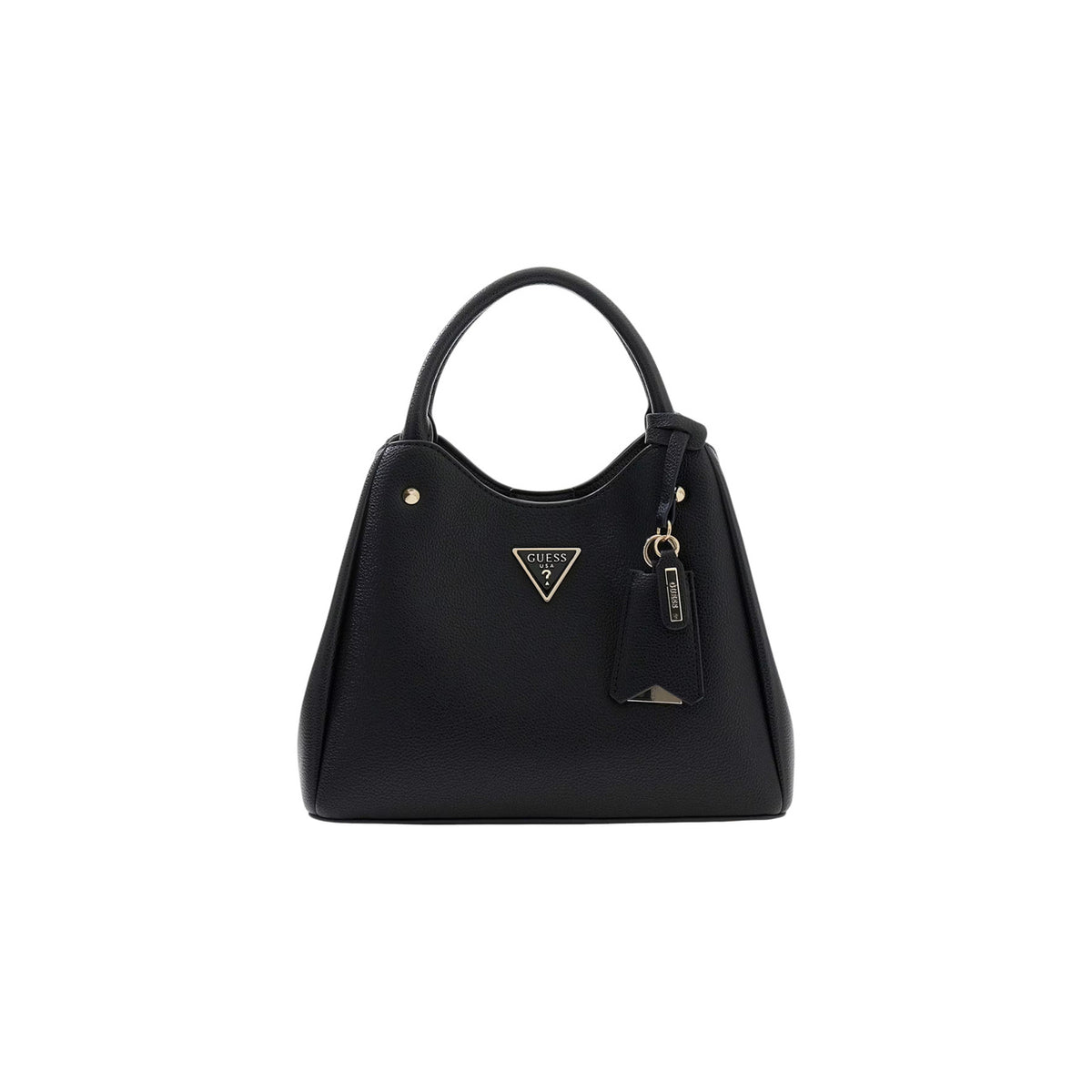 Borsa Media Donna Nera Guess Handbag; Misure 26x21x12 cm. Tessuto 100% poliuretano con doppi manici, tracolla rimovibile e chiusura con zip laterale. Dettagli in metallo dorato, piedini protettivi sul fondo, stile elegante 4 stagioni. Vista frontale