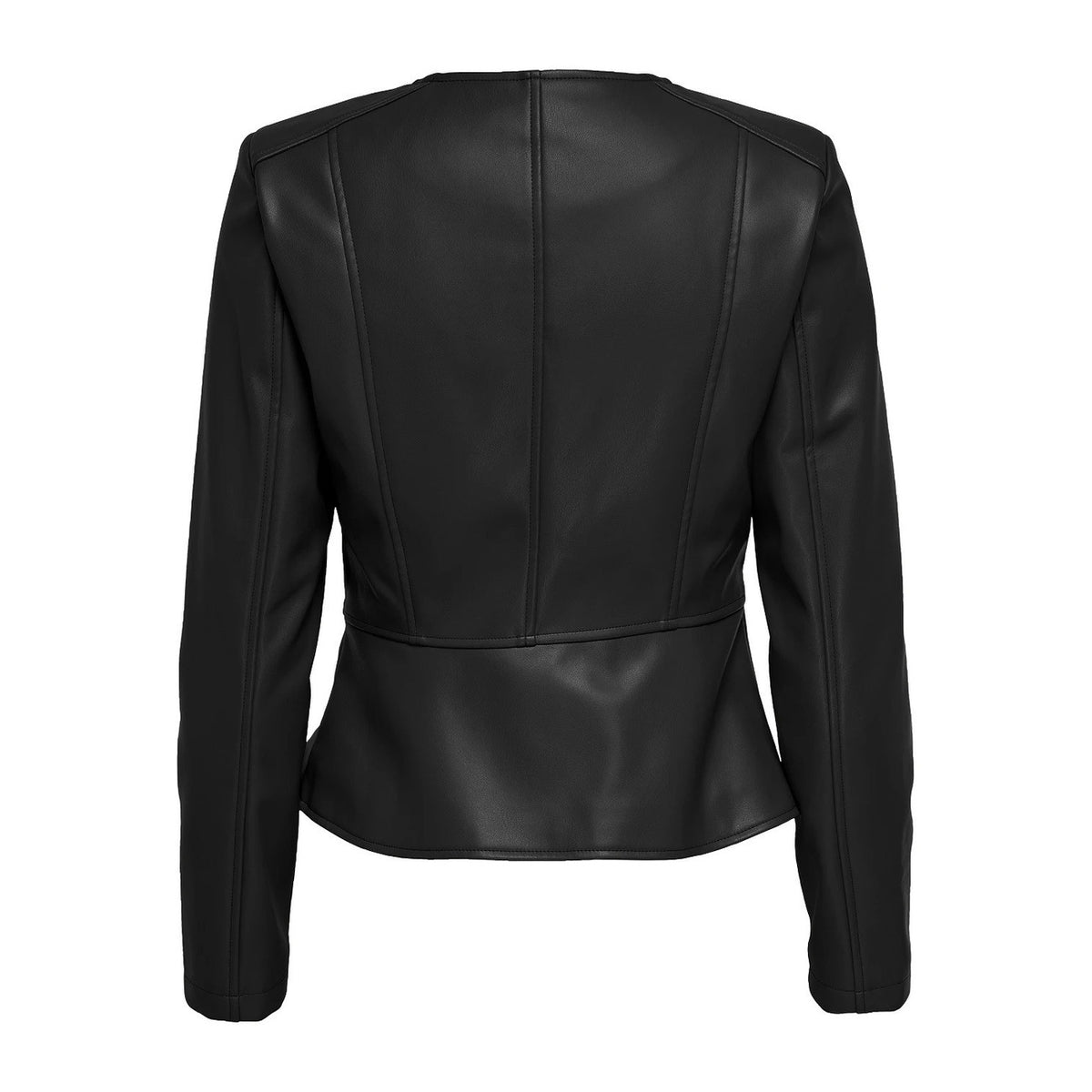 Only ONLSARAMY Jacket Black; giacca leggera in similpelle non imbottita, chiusura a cerniera, scollo tondo e taglio slim fit, perfetta per il layering primaverile. Vista posteriore