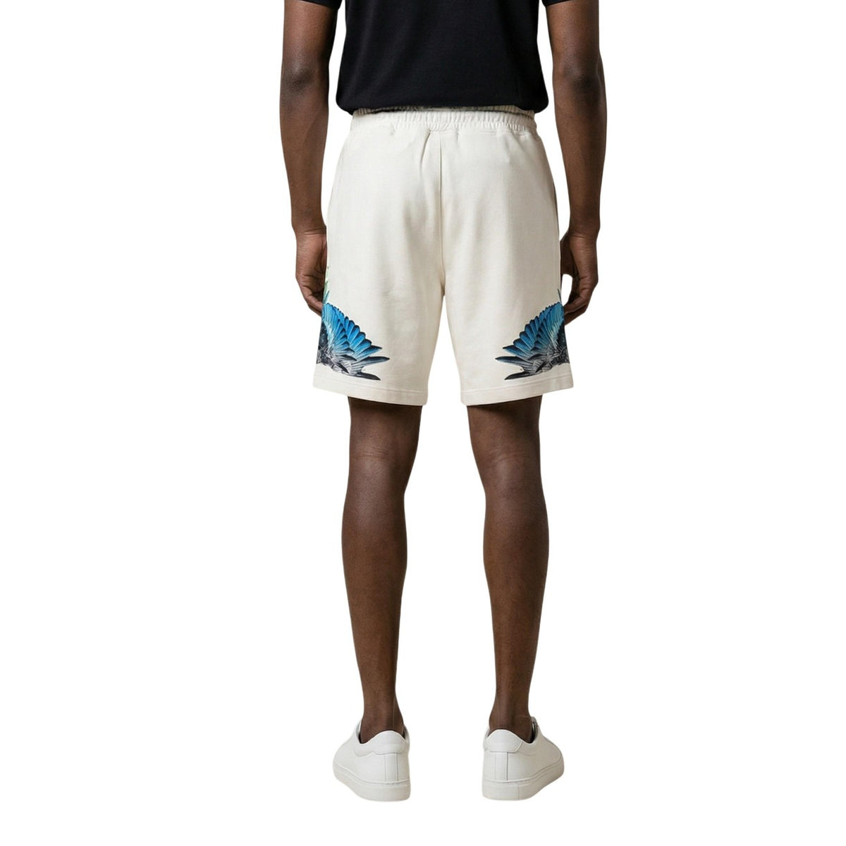 Bermuda County of Milan Wings; cotone 100%, vita elastica con coulisse, stampa grafica alata. Stile urban confortevole per la bella stagione. Vista posteriore