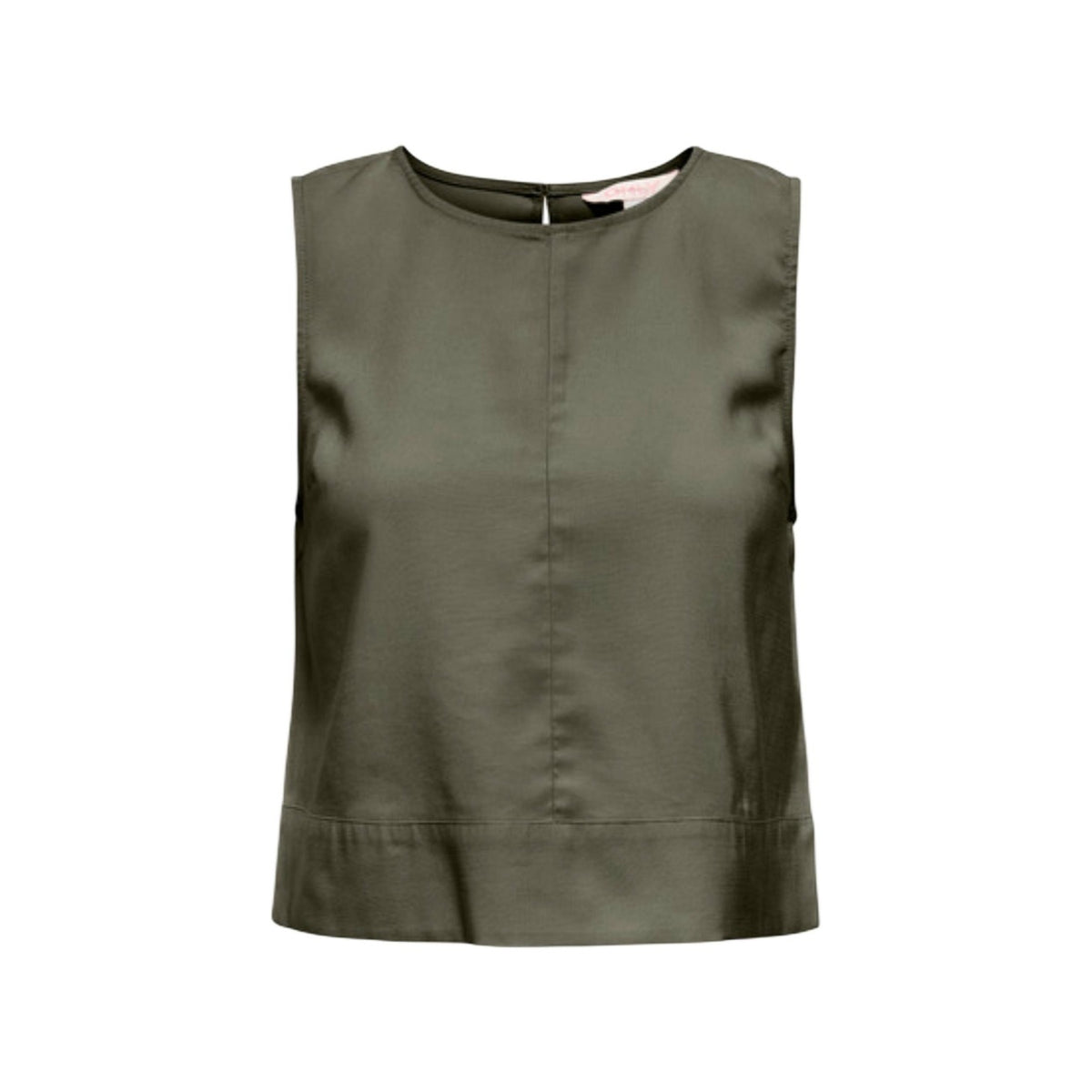 Top Only Onldorsi Aris; viscosa e poliestere riciclato, loose fit, smanicato. Cucitura centrale decorativa, tessuto traspirante, design contemporaneo. Colore verde vista frontale