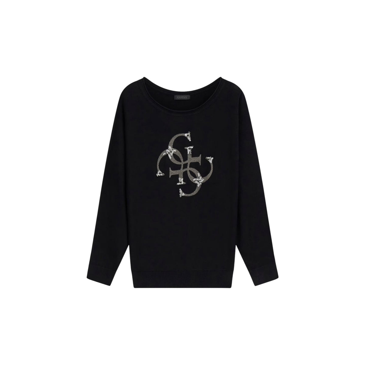 Maglia Donna Nera Guess; Viscosa elasticizzata. Taglio oversize, maniche lunghe a pipistrello, girocollo. Maxi logo frontale con applicazioni gioiello luminose, stile casual-glamour. Vista stesa frontale