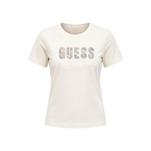 T-shirt crema Girocollo Donna Guess Snake Script; Tessuto 100% cotone a maniche corte con vestibilità regular. Stampa logo grafico effetto serpente con strass applicati, stile casual-luxury. Frontale stesa