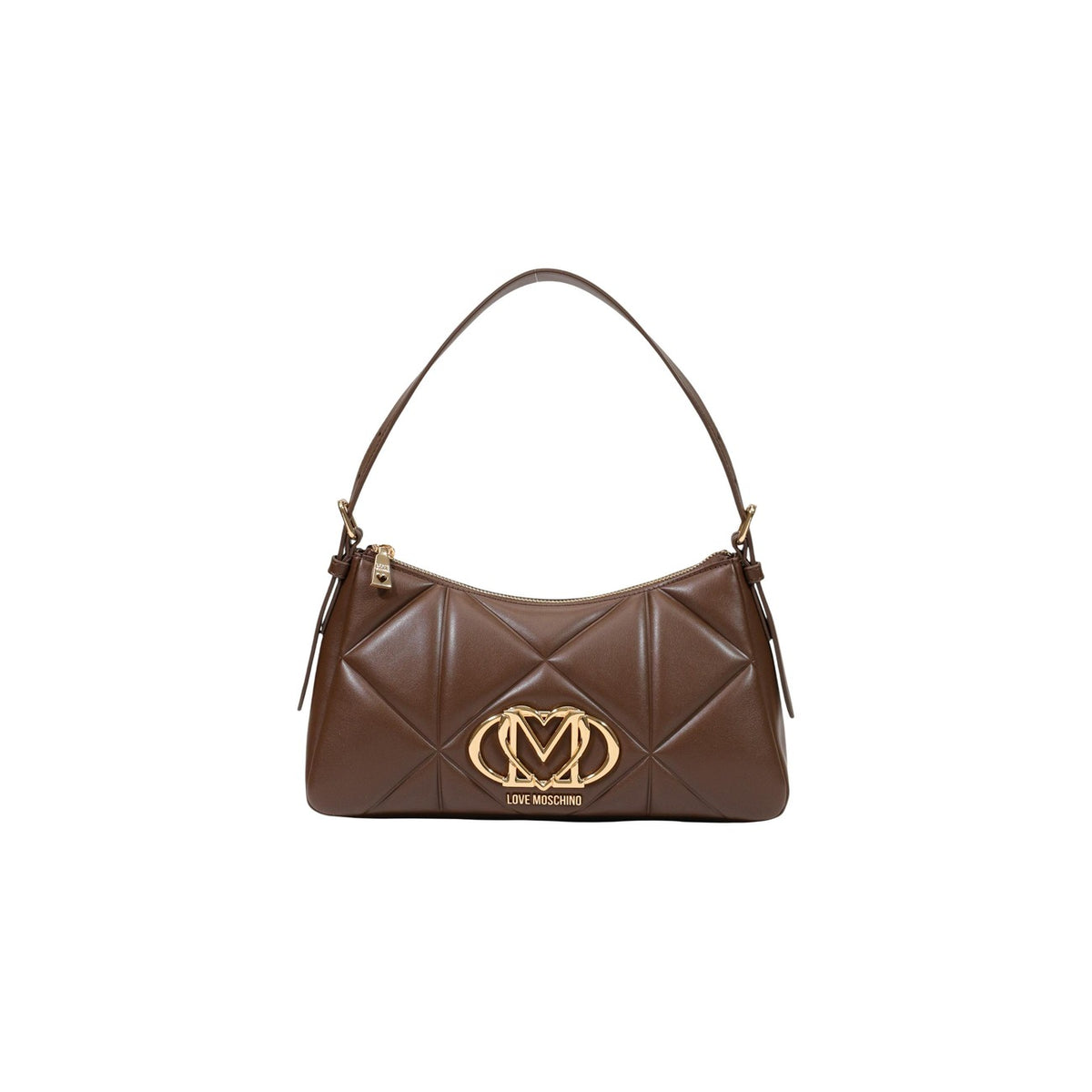 Borsa Love Moschino donna marrone trapuntata modello JC4032PP1. Borsetta piccola a spalla e a tracolla color marrone cioccolato/cuoio effetto goffrato a rilievo, con dettagli e logo in metallo oro, stile elegante e casual chic.