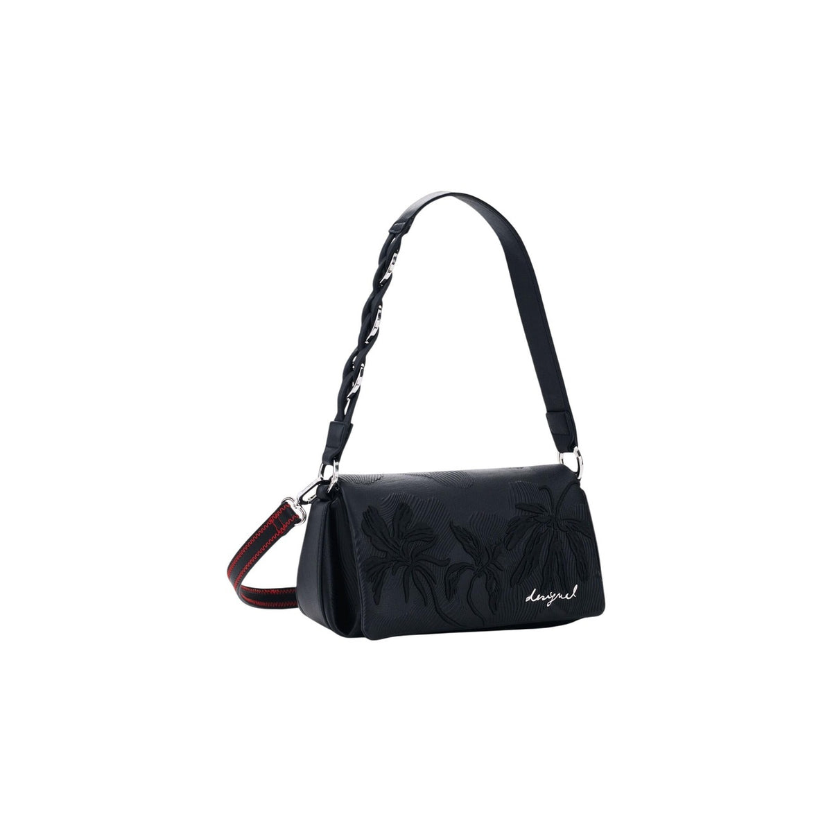 Borsa piccola con pattina e fiori ricamati in rilievo nello stesso tono, tracolle intercambiabili e charms rimovibili con perline colorate e strisce effetto pelle. Vista frontale laterale