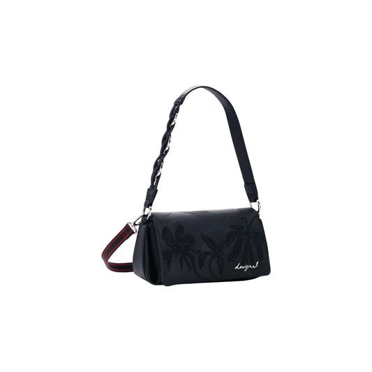 Borsa piccola con pattina e fiori ricamati in rilievo nello stesso tono, tracolle intercambiabili e charms rimovibili con perline colorate e strisce effetto pelle. Vista frontale laterale