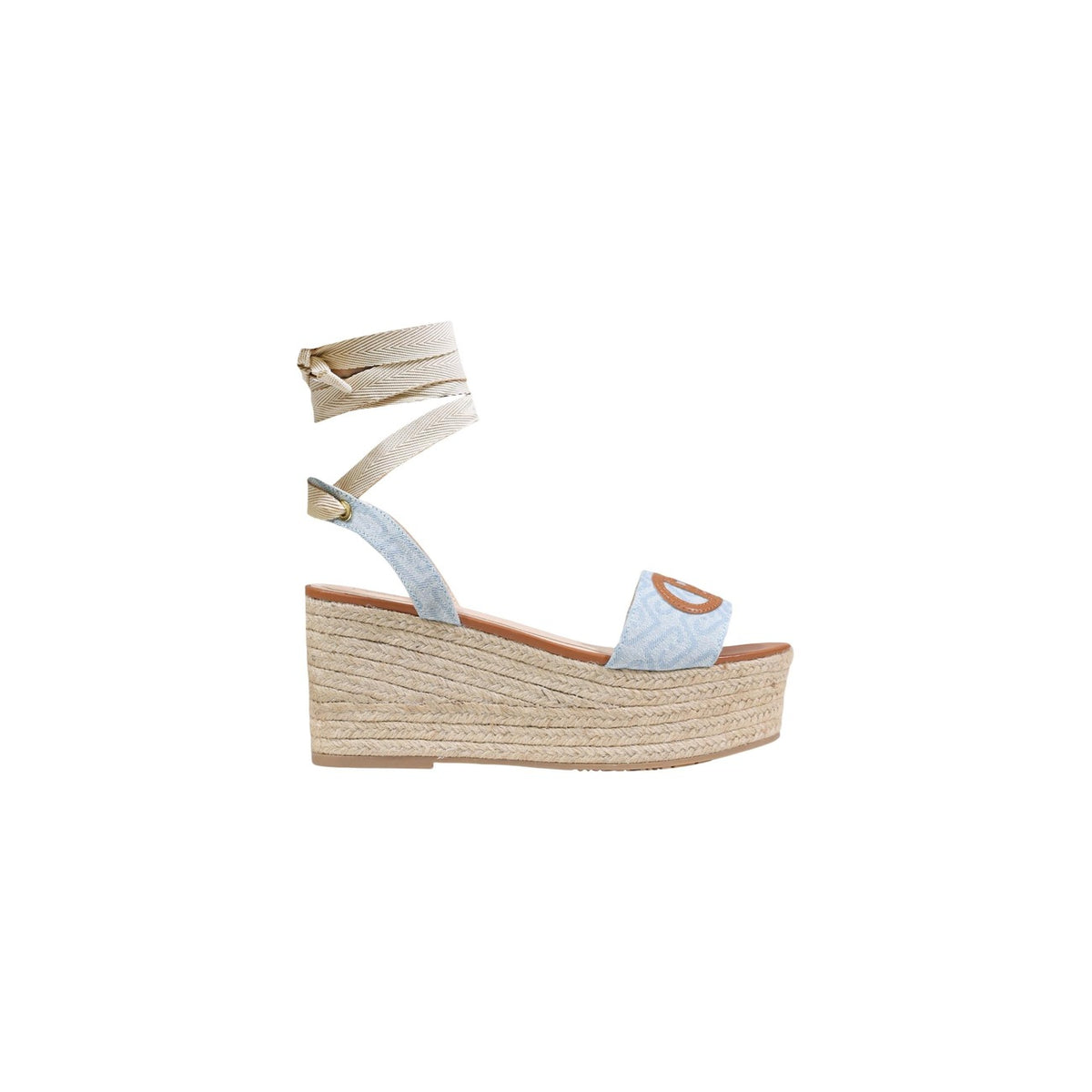 Liu-Jo Bali 02 SA6085TX523, sandali donna con zeppa in corda e chiusura a fiocco; fascia logata in tessuto, stile naturale e ricercato per le vacanze e il tempo libero. Vista laterale