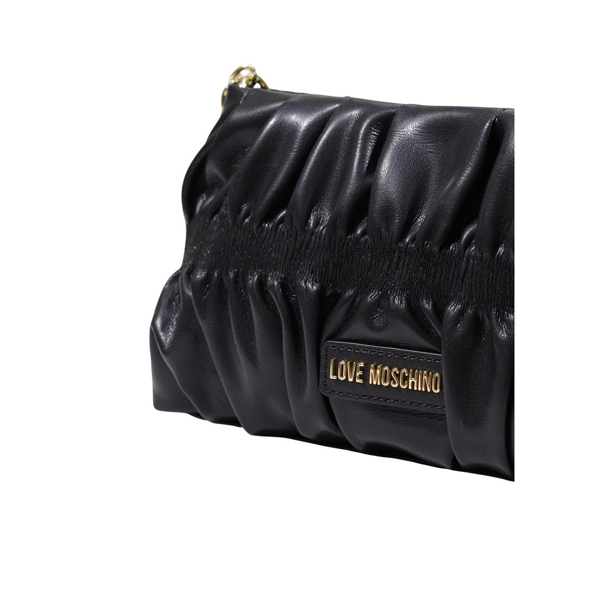 Borsa Love Moschino donna nera a spalla modello JC4089PP. Borsetta piccola elegante plissettata effetto pelle nera con tracolla a catena oro e zip stile elegante, casual chic e da sera.