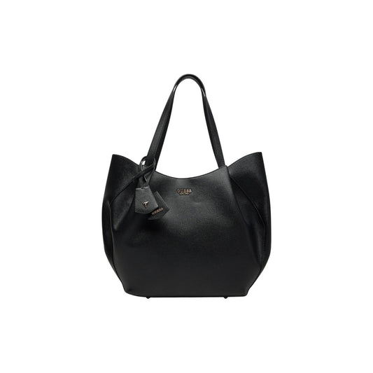 Borsa Tote Donna Nera Guess Amorette 2 in 1; Borsa grande a spalla in ecopelle texturizzata con chiusura zip. Doppio manico, dettagli in metallo dorato e charm logato. Frontale
