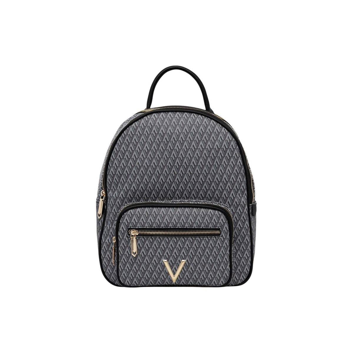 Zaino Valentino Bags Queen RE, motivo a "V" monogram, tasca frontale esterna e dettagli dorati; scomparto principale spazioso con chiusura a zip e manico superiore. Vista frontale
