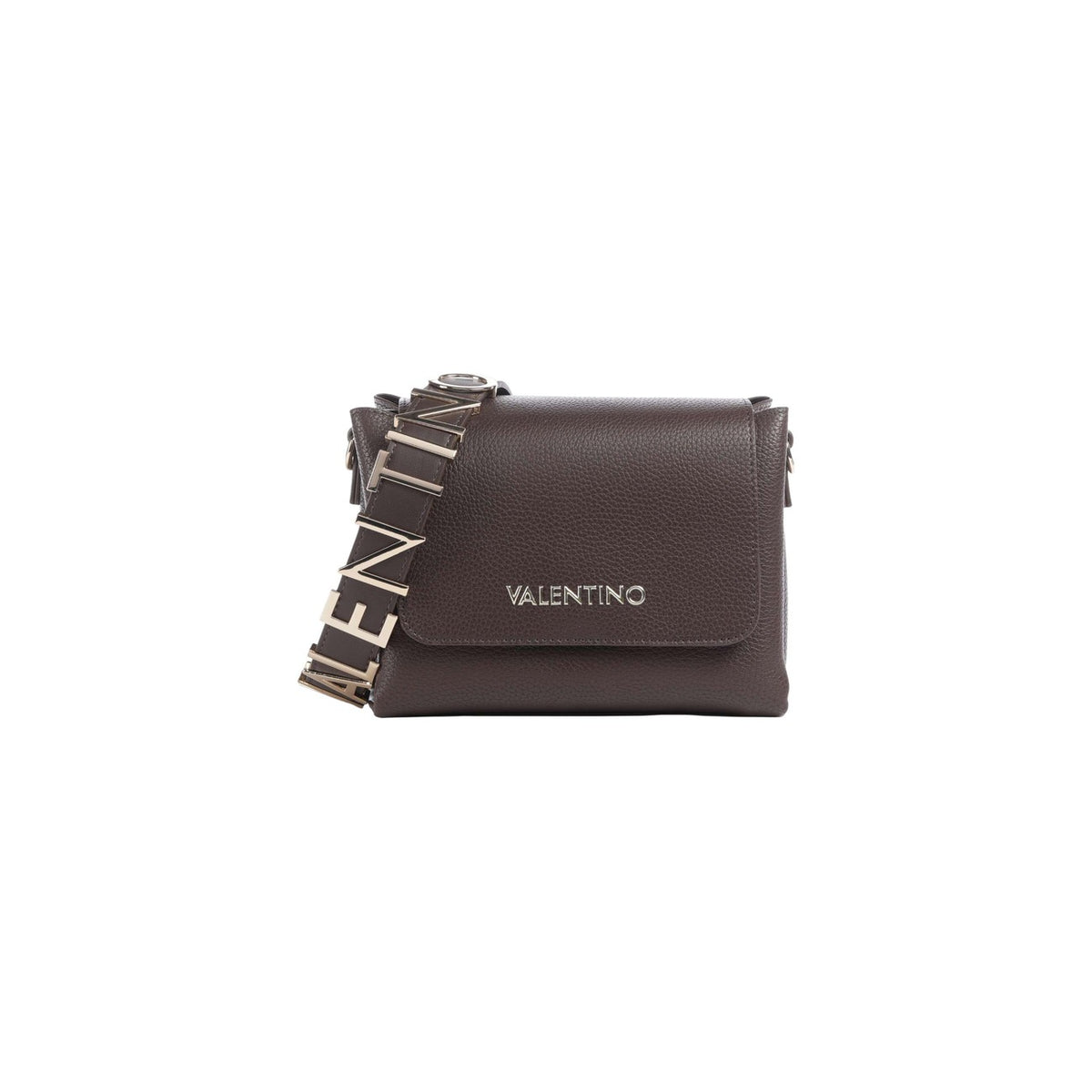 Borsa marrone donna Valentino Bags Satchel VBS5A806. Borsa a tracolla marrone in poliuretano martellato con chiusura a pattina, dettagli dorati e dimensioni 19x15x9 cm.