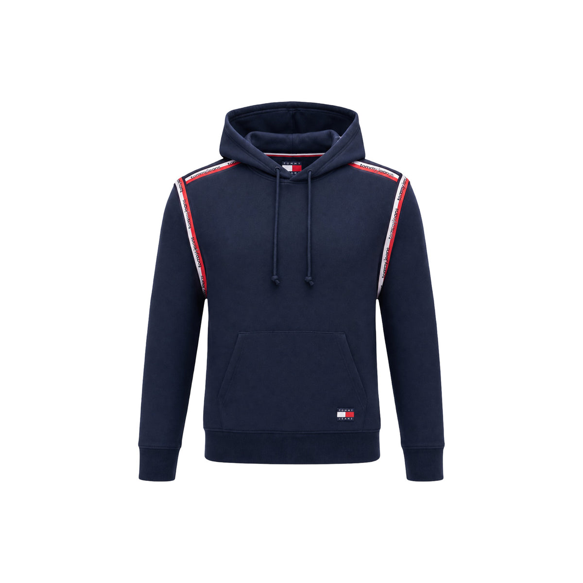 Felpa Cappuccio Uomo Tommy Hilfiger Jeans; Blu. 100% cotone rigenerato con tasca a marsupio, bande logo sulle spalle e scritte ricamate. Polsini a coste e vestibilità regolare, stile urban-casual. Vista frontale stesa