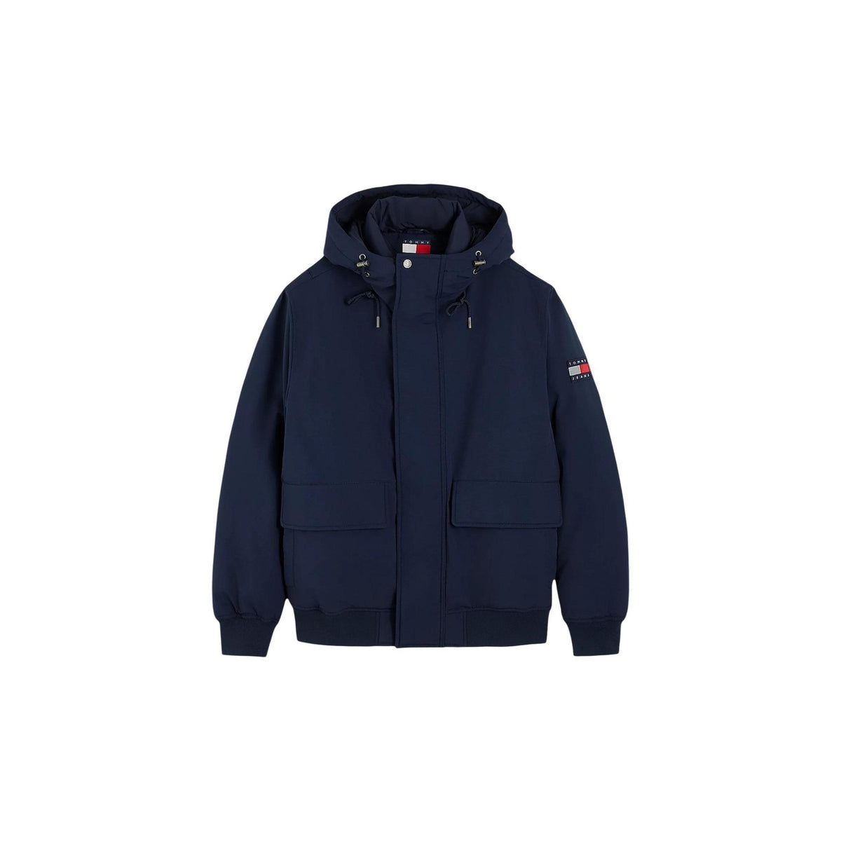 Bomber blu uomo Tommy Jeans DM0DM22032C1G. Giambotto imbottito blu navy antivento e idrorepellente con cappuccio, polsini a coste e patch Tommy.