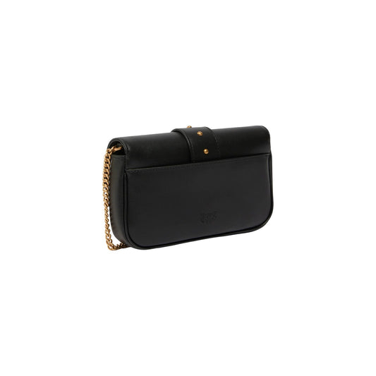 Borsa Pinko donna nera modello LOVE POCKET NEW BUCKLE VITELLO. Mini borsa a spalla e a mano in vera pelle con fibbia rotonda con rondini e strass lucenti, interno con scomparto zip e tasche per carte, stile elegante da sera.