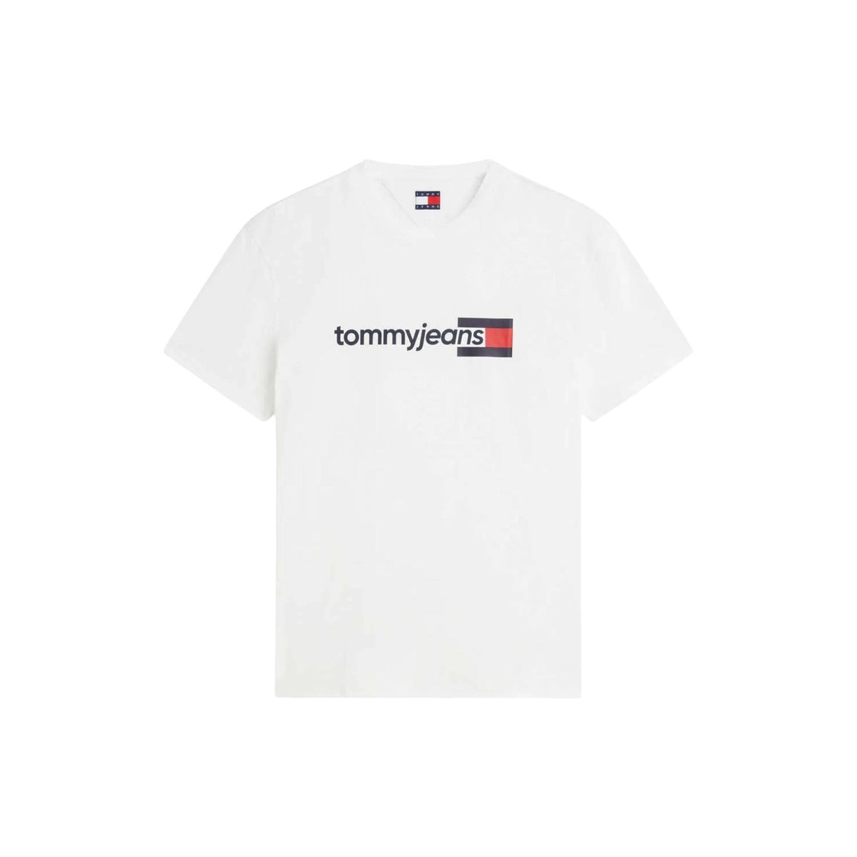 T-shirt Bianca Tommy Jeans; Logo Print. 100% Cotone Rigenerato. Vestibilità regolare, traspirante e sostenibile. Il basic immancabile del guardaroba maschile. Frontale stesa