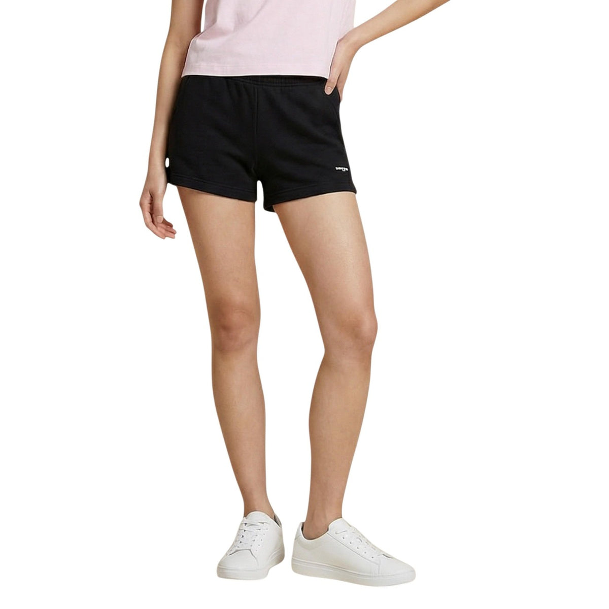 Shorts Tommy Hilfiger Jeans donna neri sportivi con logo elastico in vita 95% cotone 5% elastan - vista frontale indossati da modello