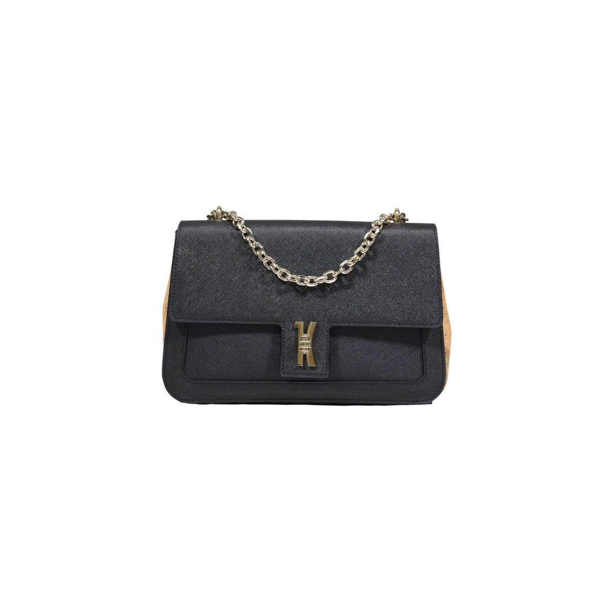 Borsa nera a tracolla Alviero Martini LF02 con catena dorata, chiusura magnetica a patta e dettaglio Geo Classic; piccola borsa a spalla in materiale tecnico resistente.