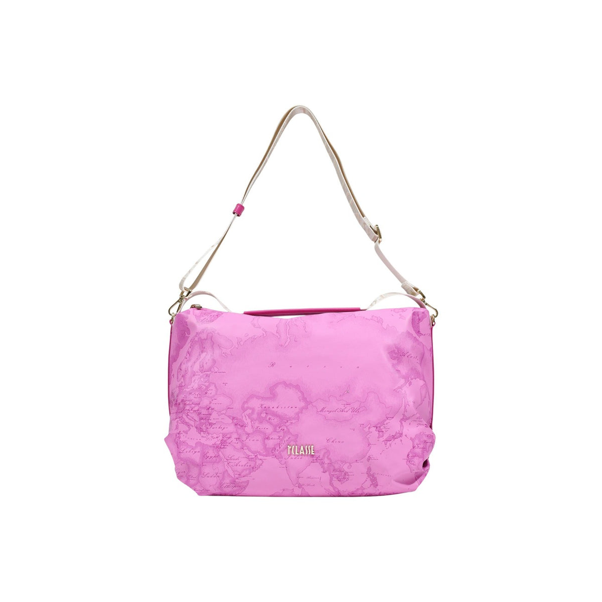 Maxi Borsa Geo Fucsia Alviero Martini; 58% Poliestere, 42% Poliuretano. Tracolla regolabile, finitura idrorepellente, ampio vano interno. Borsa donna a spalla spaziosa e leggera per ogni stagione. Vista frontale