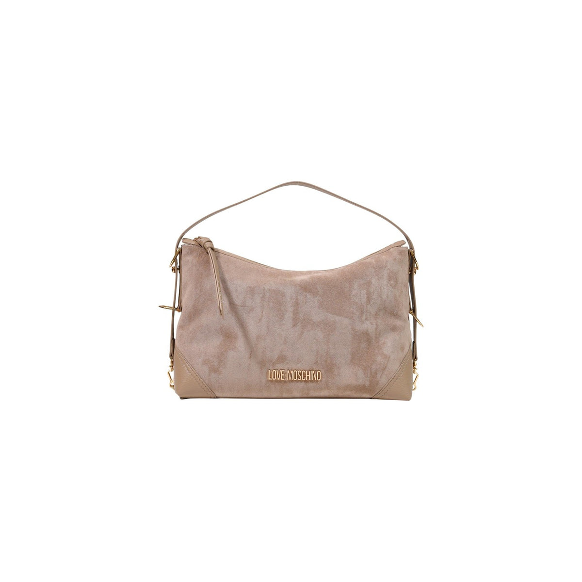 Borsa Love Moschino donna beige spalla modello JC4090PP. Borsa grande a sacco color beige sabbia/nude in tessuto morbido effetto velluto e rifiniture in ecopelle, con manico regolabile, dettagli e scritte logo in metallo oro, stile casual e chic.