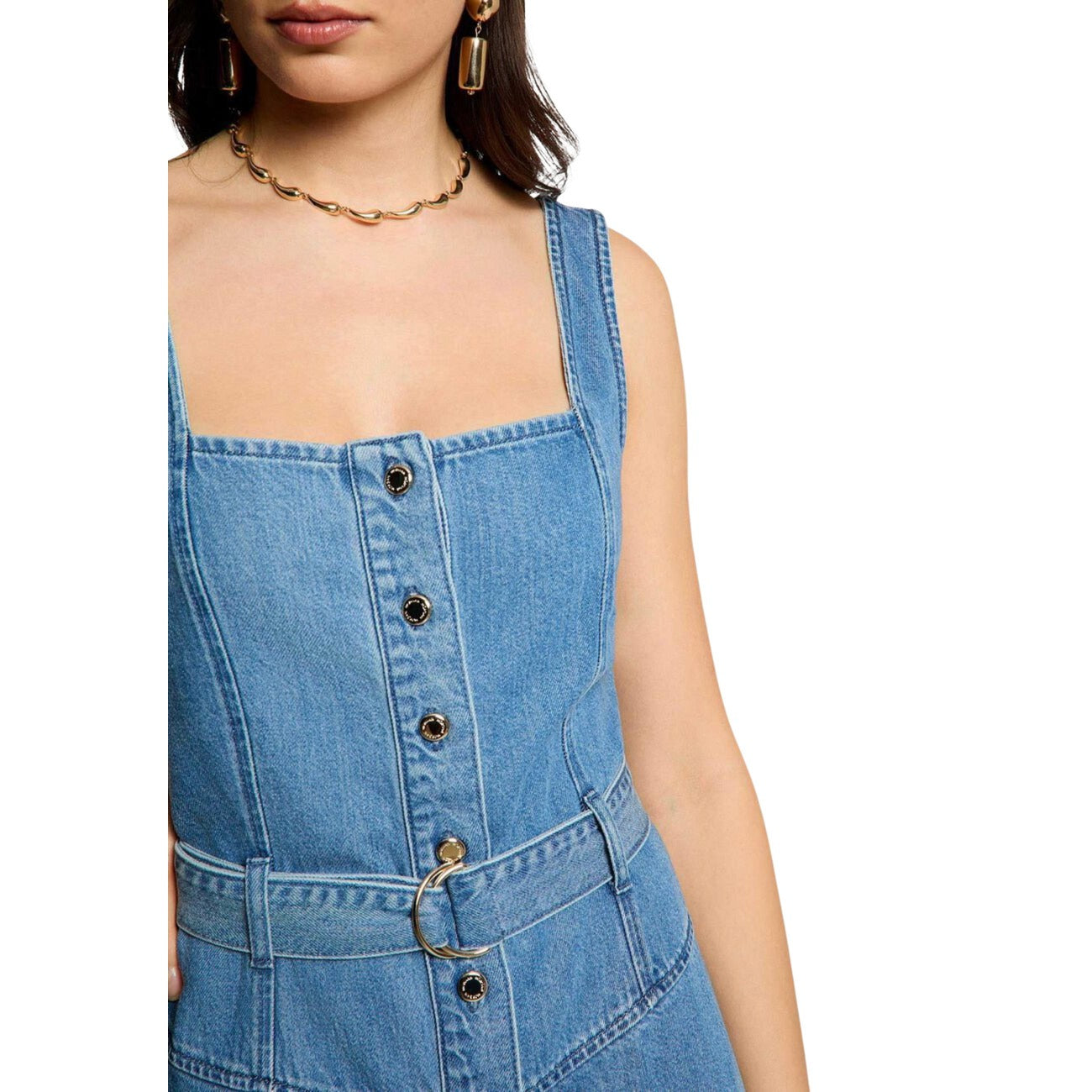 Vestito Lungo Morgan De Toi Rablai; Blu, 70% Lyocell e 30% Cotone. Chiusura con bottoni, cintura con fibbia, linea svasata. Leggero, traspirante e chic. Stile Primavera/Estate. Dettaglio scollo