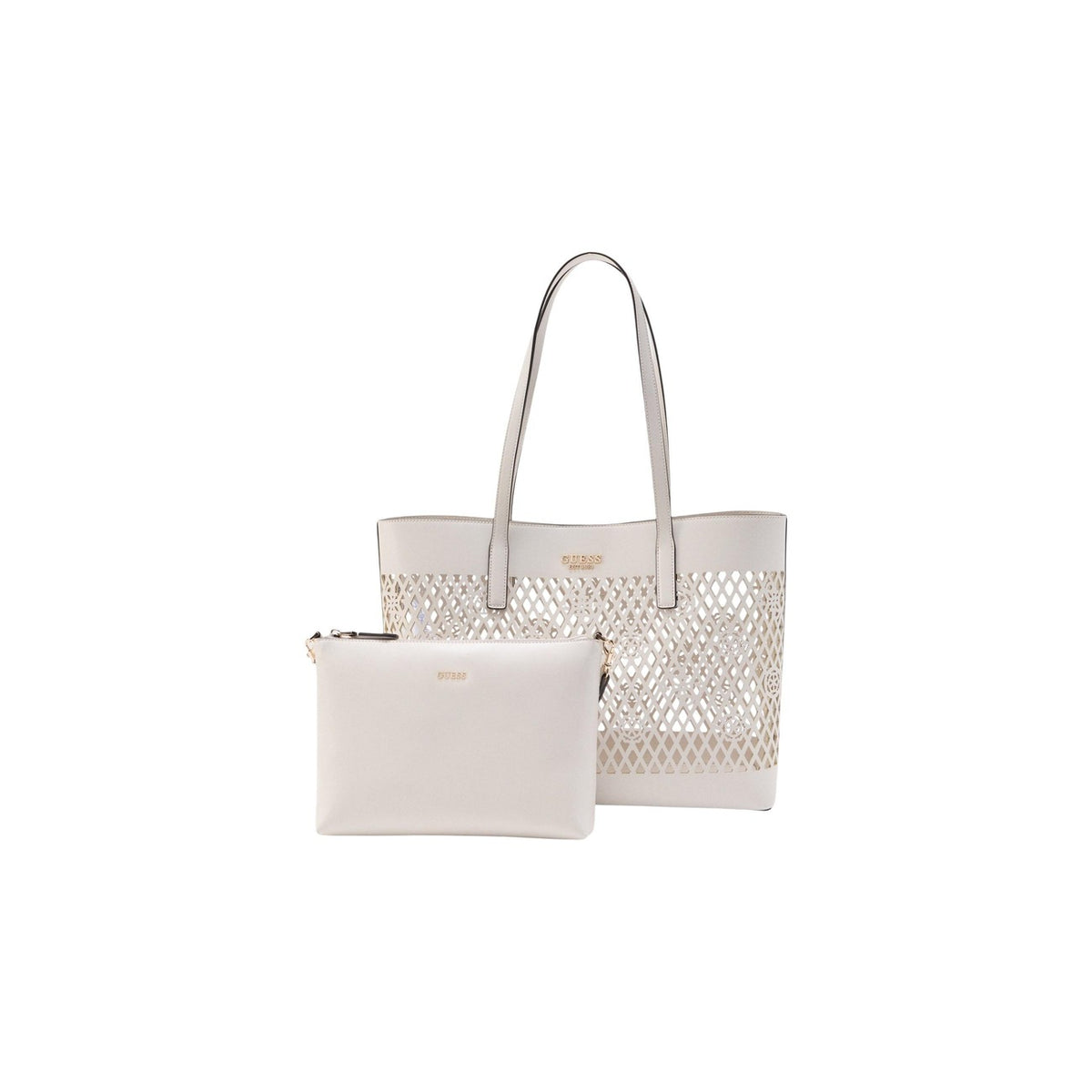 Guess Letty HWPG99 11750, mini tote traforata con pochette beige interna estraibile; doppia portabilità a mano o al braccio, logo iconico e design contemporaneo in 100% poliuretano. Vista frontale con pochette