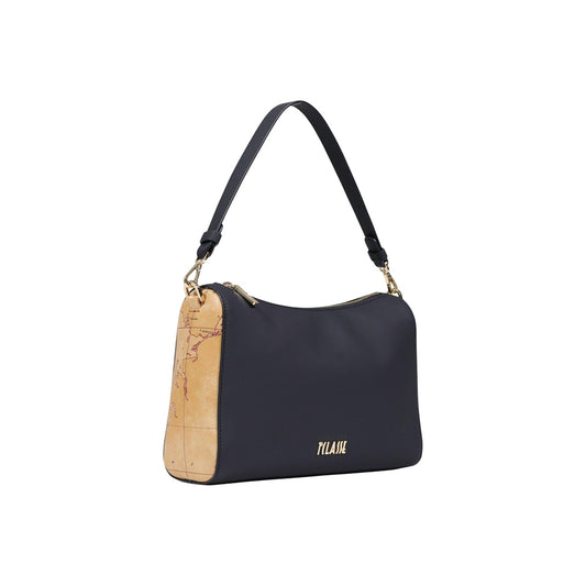 Borsa Media Alviero Martini; Nero/Geo Classic. Chiusura con zip dorata, tracolla regolabile con moschettone, interni organizzati. Dimensioni 19x10x10 cm. Stile casual-raffinato per ogni stagione. Vista frontale laterale