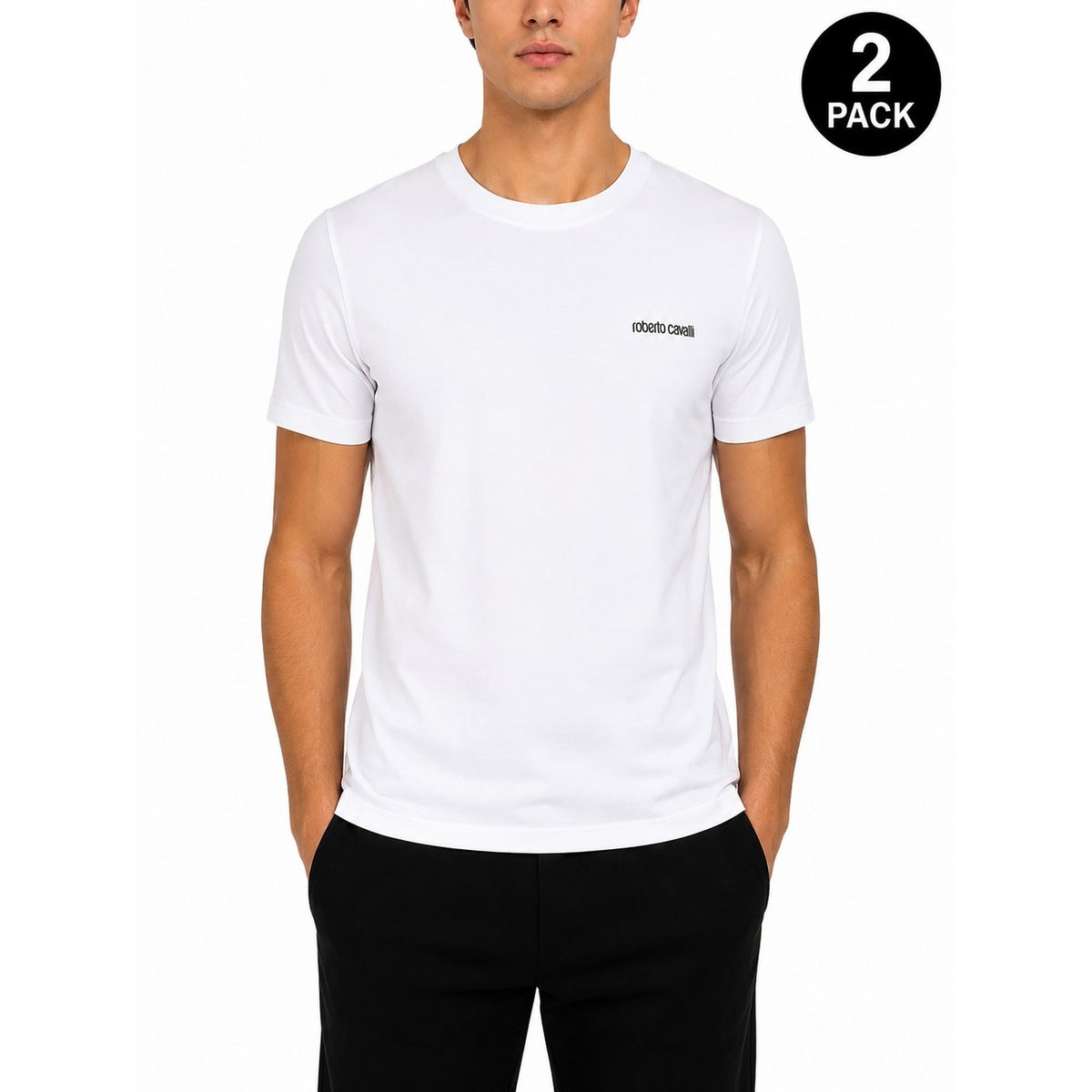 Pack T-shirt Intime bianco Uomo Roberto Cavalli; Tessuto 95% cotone e 5% elastan. Taglio stretch anatomico, scollo girocollo e maniche corte. Logo sul petto e monogramma RC sulla manica, stile luxury continuativo.