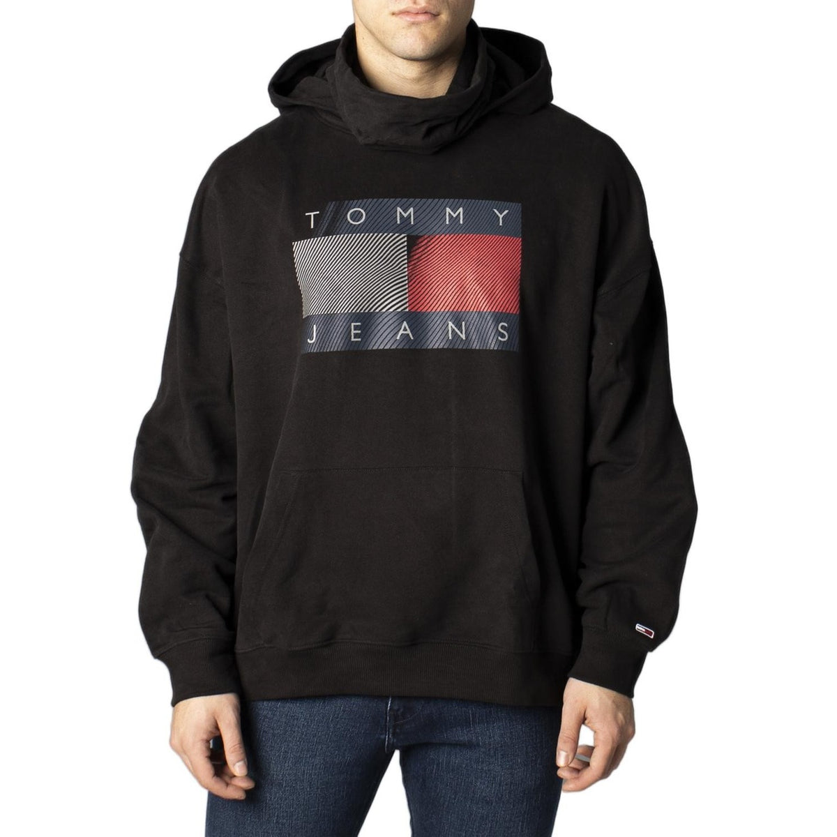 Tommy Hilfiger Jeans Felpa con Cappuccio Uomo Nero Stampa Maniche Lunghe Tasche Anteriori Cotone 100% DM0DM11649