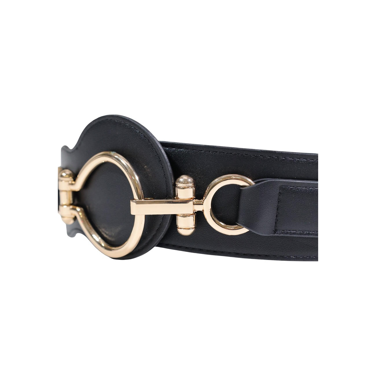 Cintura a fascia Morgan De Toi; Nero/Oro. Altezza 10 cm, 100% poliuretano. Fibbia metallica dorata, stile elegante e modellante. Ideale per definire la silhouette. Dettaglio fibbia