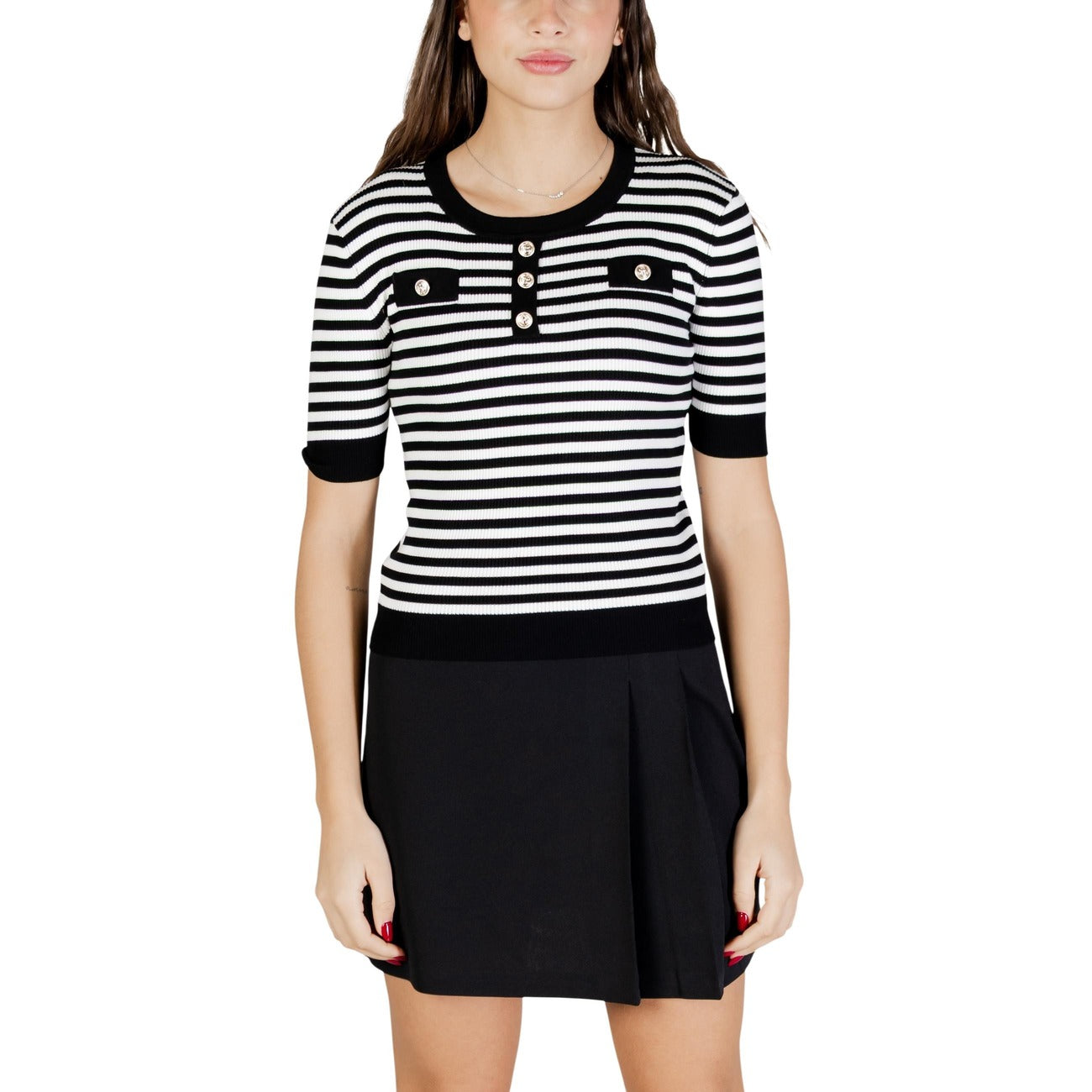 Maglia Morgan De Toi donna bianca a righe nere scollo tondo - vista frontale indossata da modello