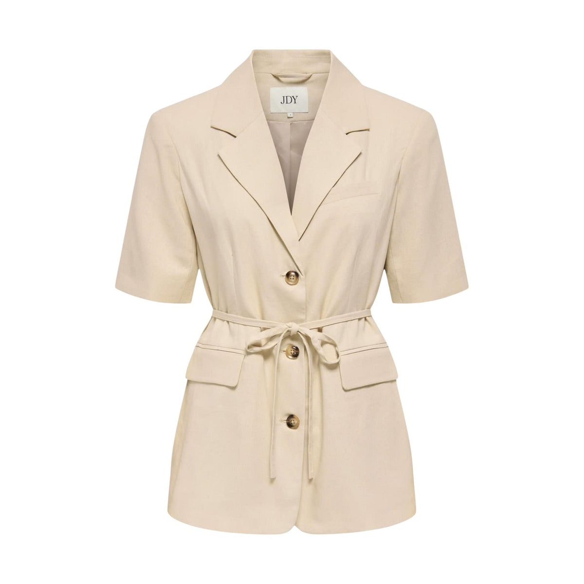 Blazer manica corta JDY; Beige. 75% Viscosa, 20% Lino. Cintura coordinata, tasche con patta, chiusura a bottoni. Stile elegante e leggero per la Primavera/Estate 2026. Vista stesa