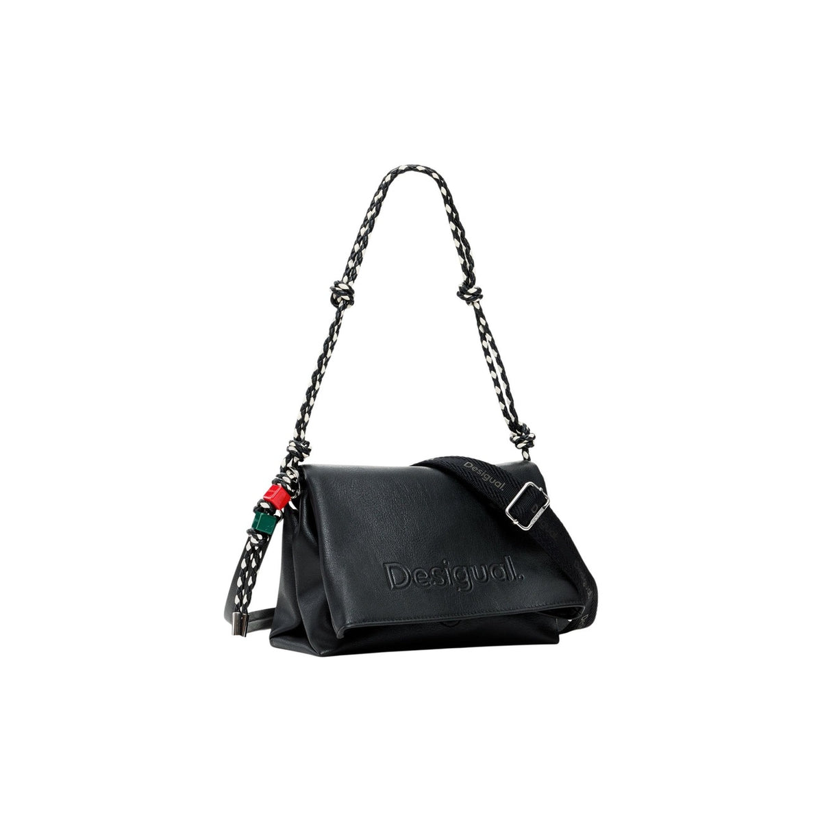 borsa media nera da donna Desigual BAG_HALF LOGO VENECIA 4.0 Realizzata interamente in poliestere. Texture morbida e resistente. logo Desigual in rilievo sulla patta frontale, mentre il manico intrecciato con dettagli decorativi. Vista frontale Laterale