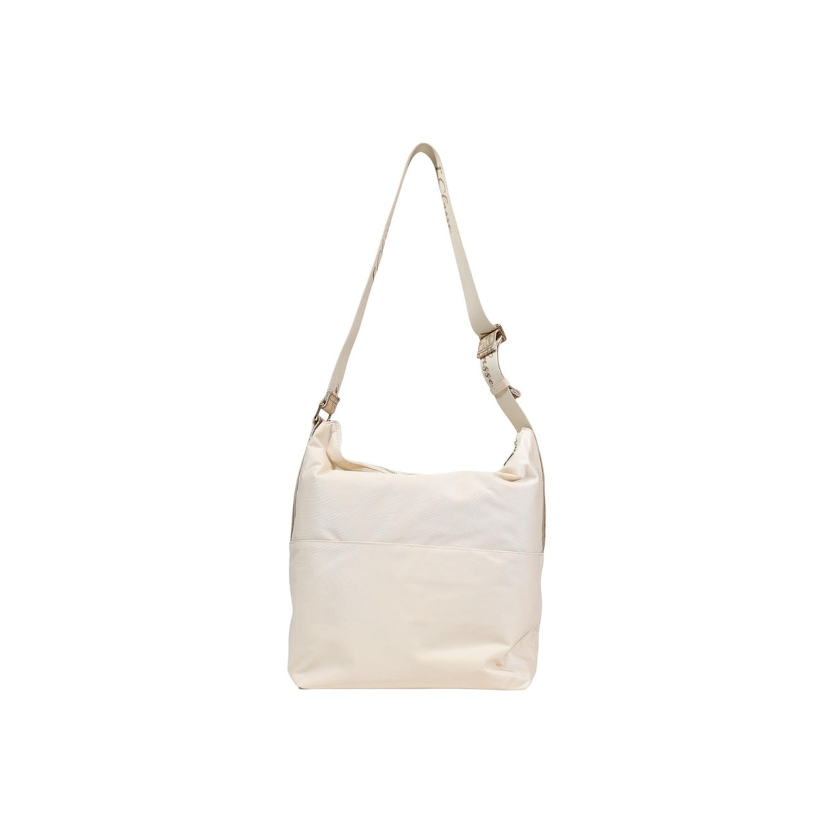 Hobo Bag Alviero Martini LE46; tessuto tecnico nero, tracolla Geo regolabile. Chiusura con zip, logo metallico Prima Classe, formato medio. Struttura morbida, leggera e versatile per ogni occasione. Colore bianco vista posteriore