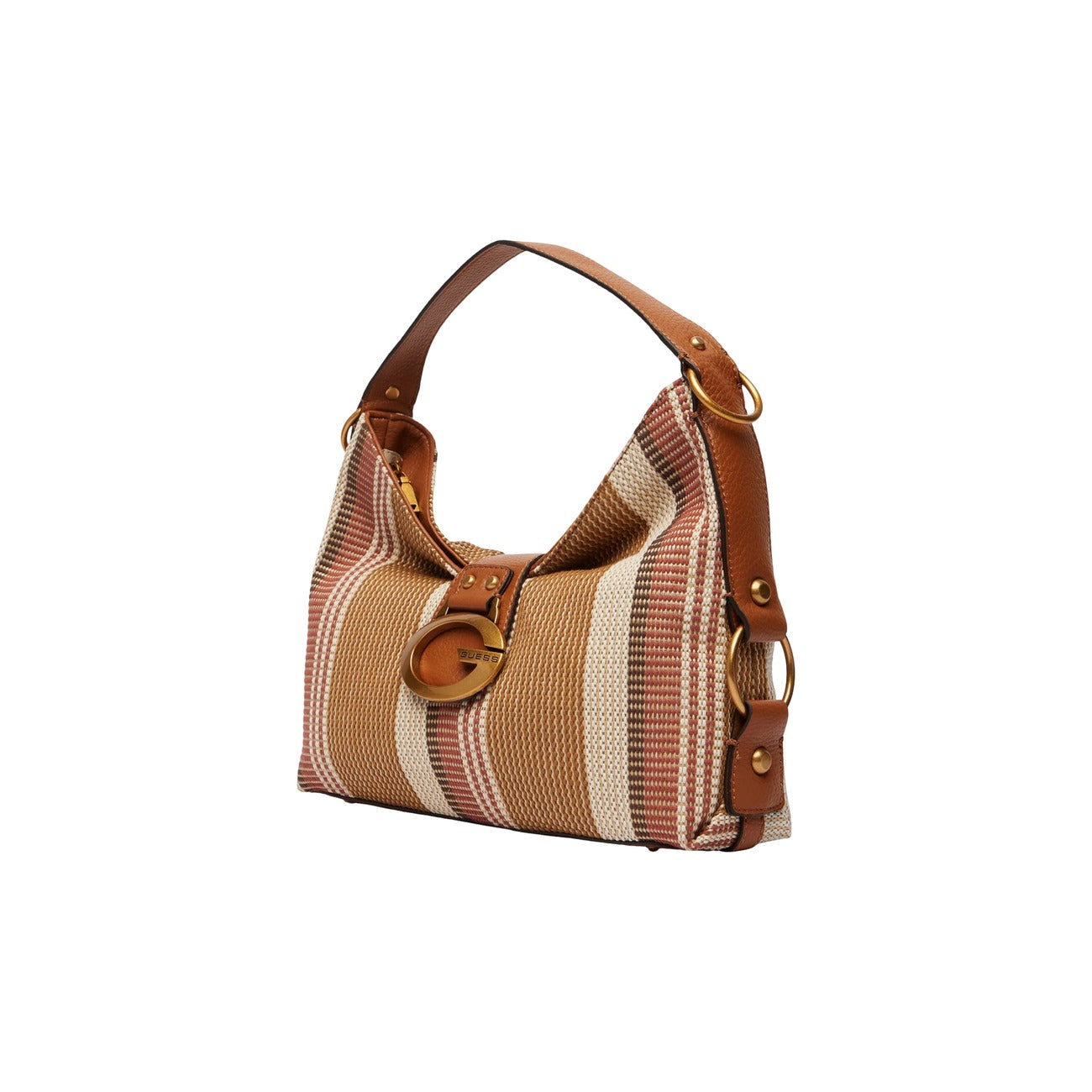Borsa a Spalla Donna Guess Camden; Beige. Tessuto sintetico e cotone a righe con dettagli in similpelle e metalleria bronzo logata. Chiusura con zip e manico removibile (24 cm). Misure medie e capienti (36x26 cm). Frontale laterale