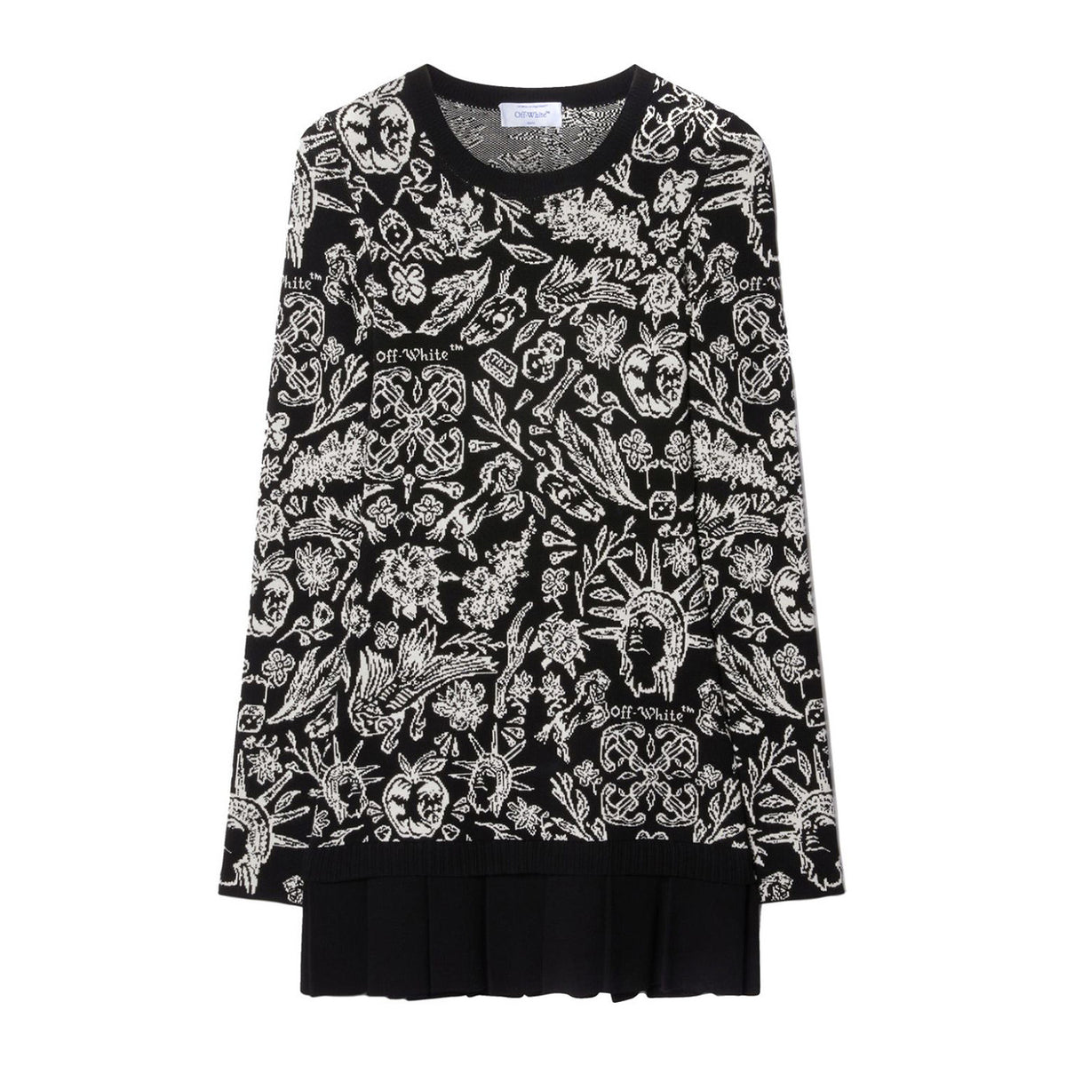 Off-White Abito Corto Donna Nero Stampa con Maniche Lunghe Scollo Tondo in Viscosa 68% Poliestere 32% EBO_2127