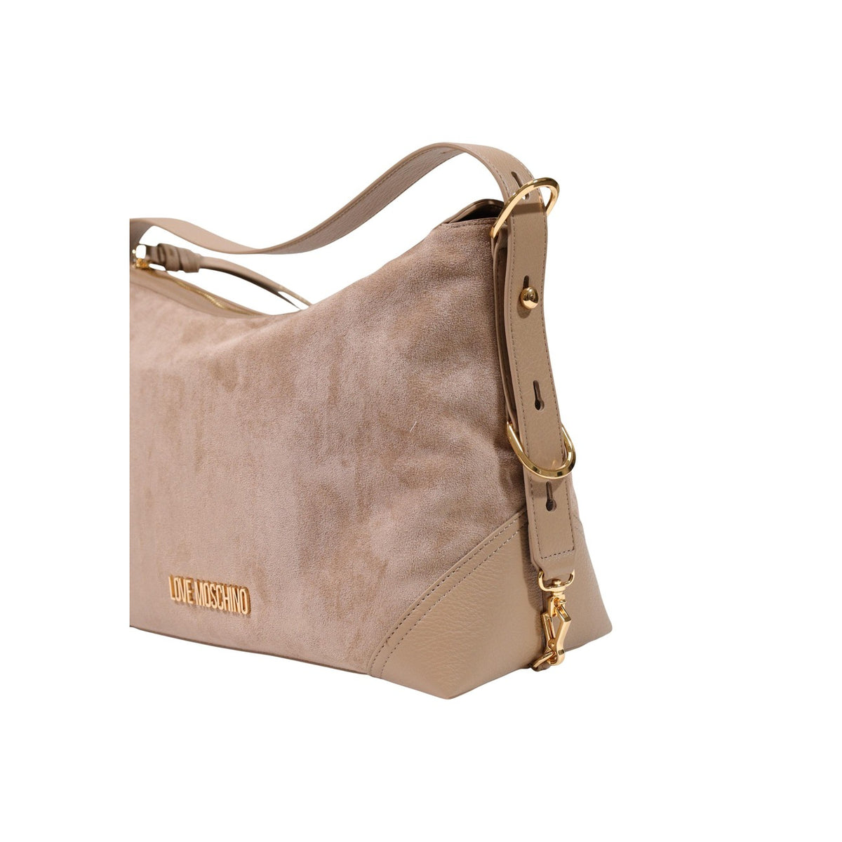 Borsa Love Moschino donna beige spalla modello JC4090PP. Borsa grande a sacco color beige sabbia/nude in tessuto morbido effetto velluto e rifiniture in ecopelle, con manico regolabile, dettagli e scritte logo in metallo oro, stile casual e chic.