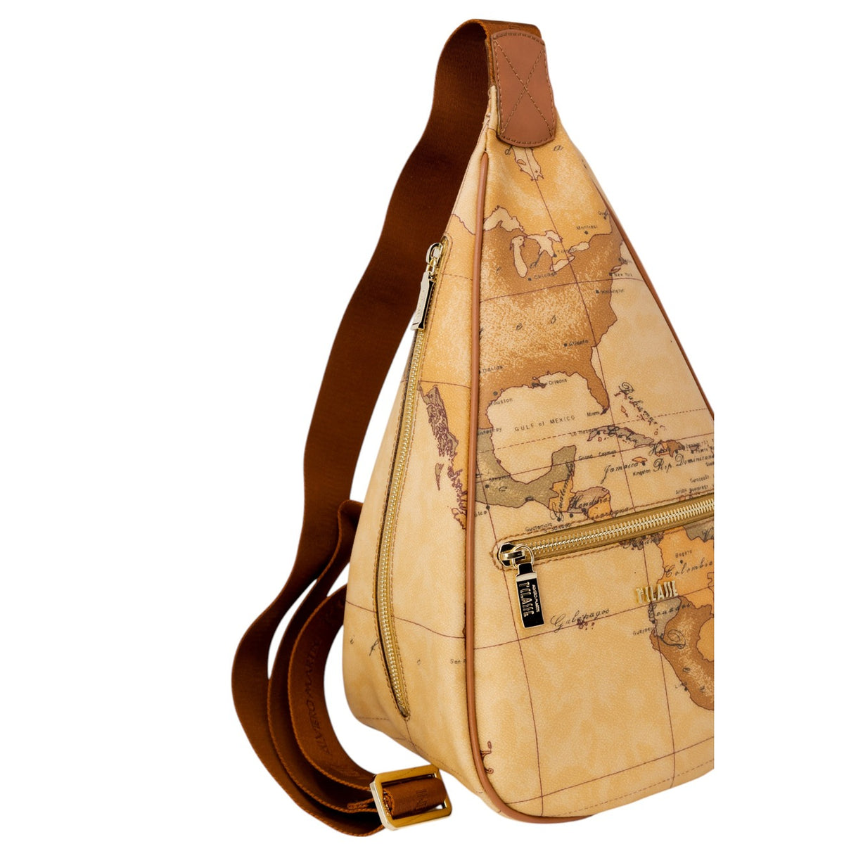 Zaino Monospalla Donna Alviero Martini Prima Classe; Marrone Geo Classic. Tessuto jacquard stampato con profili in pelle e zip oro. Tracolla singola regolabile, forma a goccia compatta e profonda (22x35 cm). Con tracolla