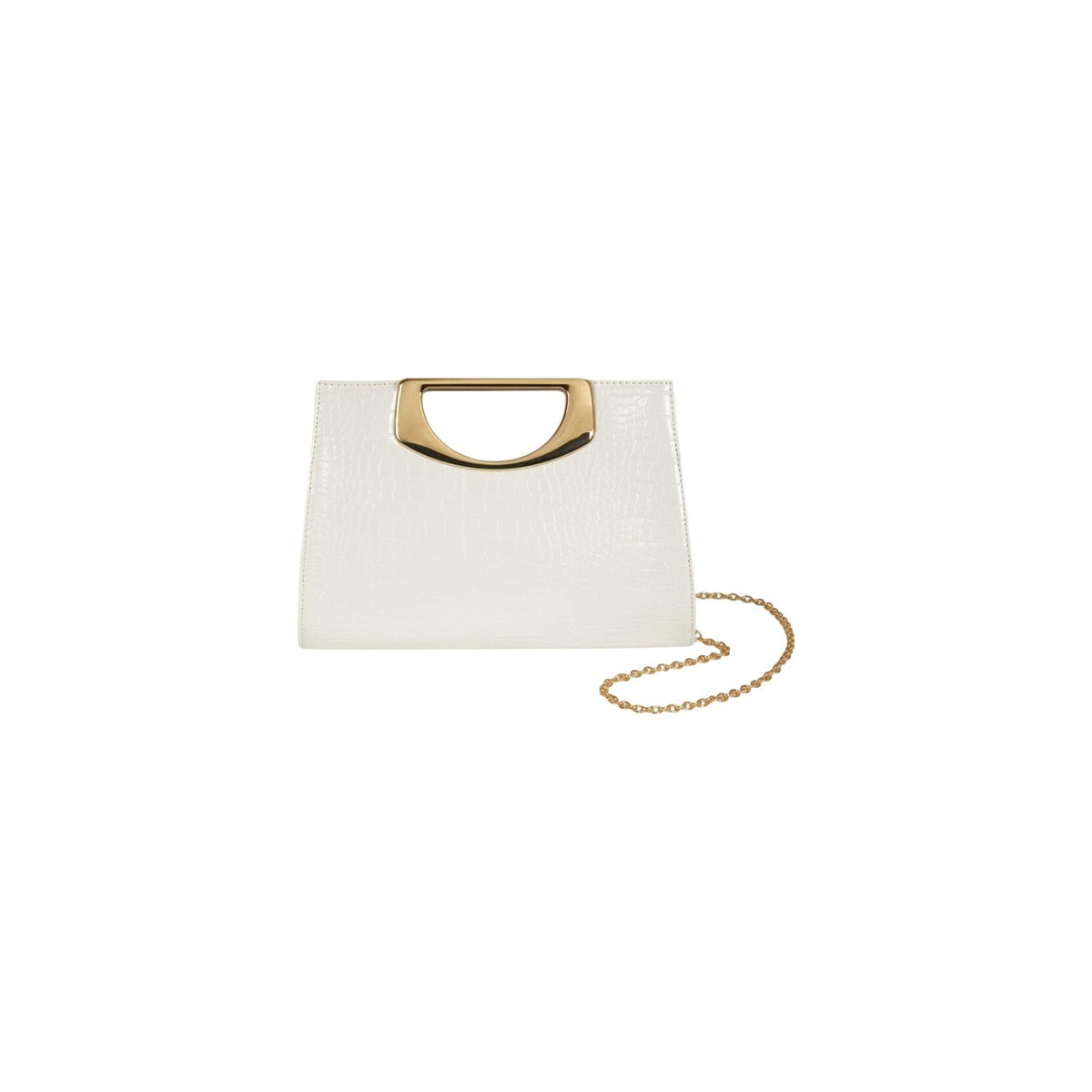 Pochette Morgan De Toi Cerem; effetto cocco, manico rigido oro. Tracolla a catena removibile, struttura rigida, ideale per cerimonie e serate. Stile glamour contemporaneo. Vista frontale