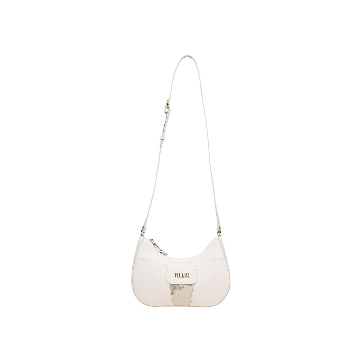 Shoulder Bag Alviero Martini LE50 con applicazione Geo frontale, logo in rilievo e inserti dorati; borsa piccola in materiale tecnico resistente con tracolla regolabile.