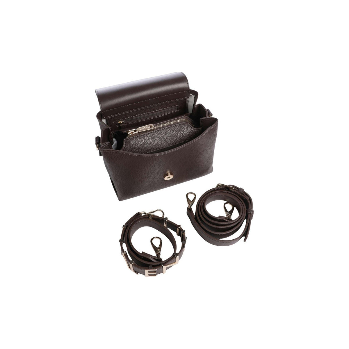 Borsa marrone donna Valentino Bags Satchel VBS5A806. Borsa a tracolla marrone in poliuretano martellato con chiusura a pattina, dettagli dorati e dimensioni 19x15x9 cm.