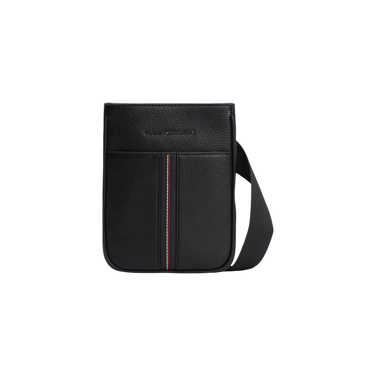 Tracolla Tommy Hilfiger zigrinata; chiusura con zip, scomparto unico, logo metallico. Finitura resistente, tracolla regolabile, stile urban-chic. Vista frontale