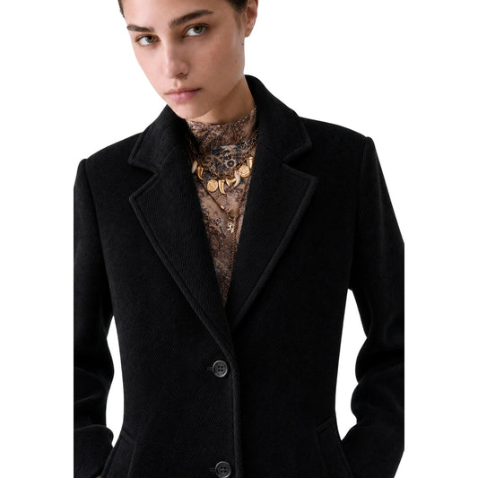 Cappotto nero donna misto lana Liu Jo COAT WF6412 T720A. Cappotto sartoriale nero a doppio petto sagomato con collo alto e bottoni metallici.